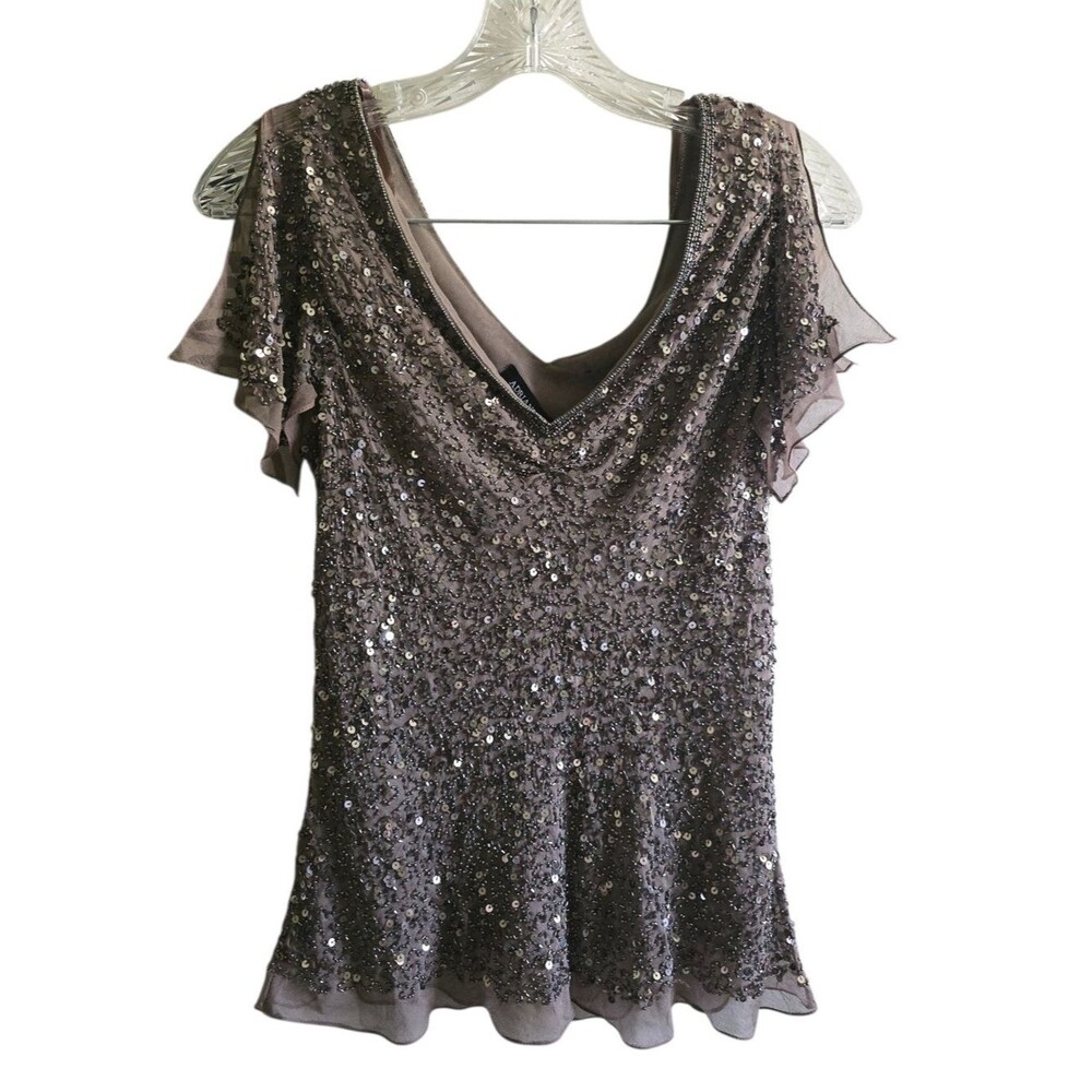 Adrianna Papell Evening Fully Beaded Sequin Flutter Sleeve V-Neck Top, Size M